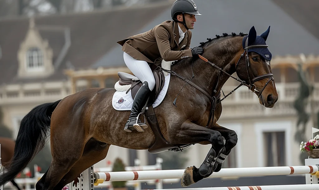 Cavaliere impegnato in una competizione olimpica di salto ostacoli a cavallo
